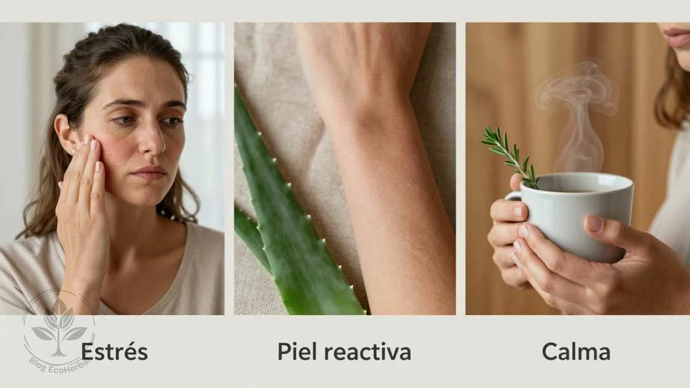 Conexión Sistema Nervioso y Piel – EcoHerbal Collage de tres imágenes que muestra la conexión entre el estrés, la piel reactiva y la calma a través del autocuidado.