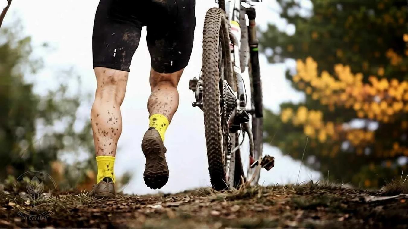 Creatina para Deportistas de Resistencia – EcoHerbal Ciclista profesional MTB desmontado con barro en piernas en sendero forestal