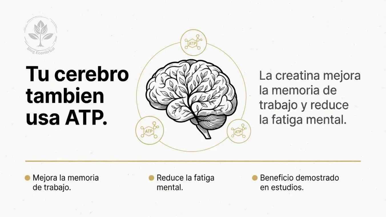 Creatina y Función Cognitiva – EcoHerbal Viñeta sobre beneficios cognitivos de creatina y consumo cerebral de ATP en estrés mental