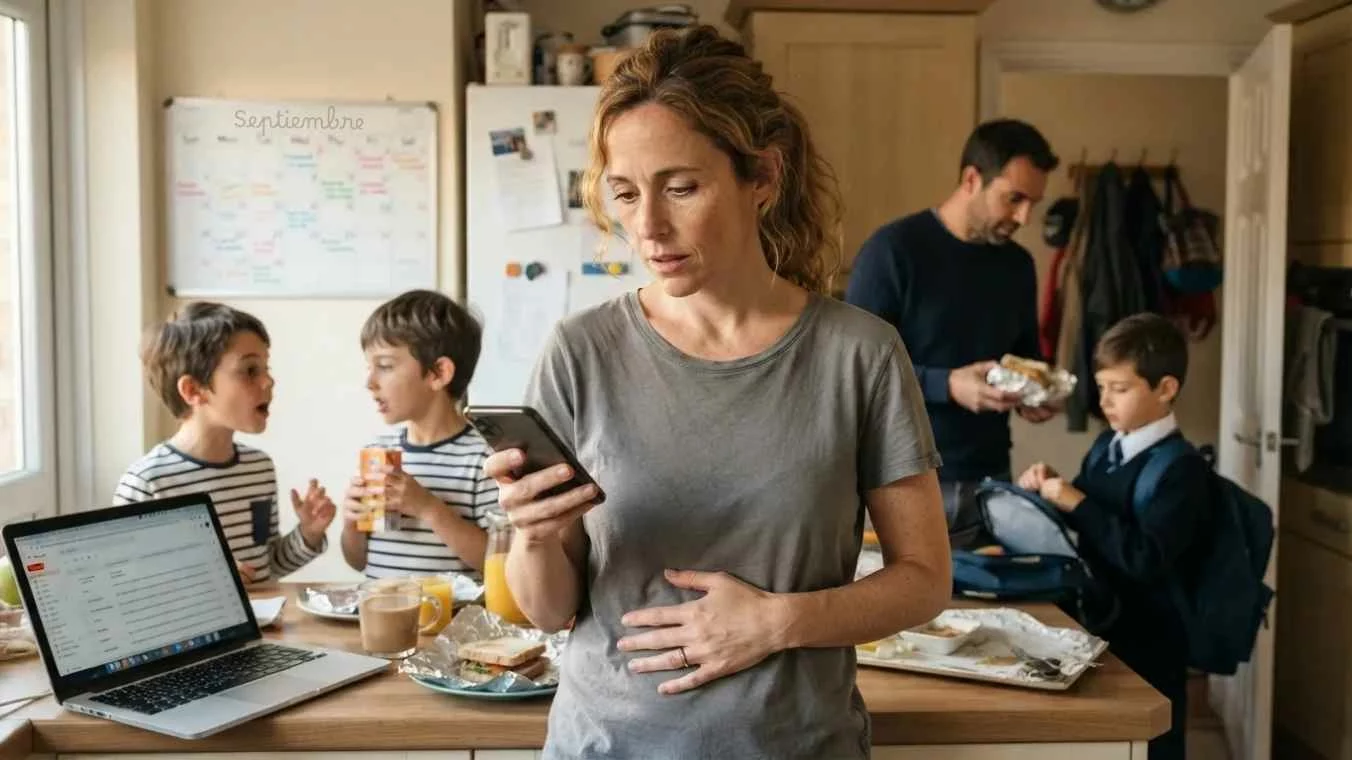 Mujer de 37 años con mano sobre el estómago en la cocina por la mañana con teléfono móvil mientras el padre de 36 años da un bocadillo a un niño con mochila abierta y la madre ofrece zumo a otro niño transmitiendo el agobio de la depresión postvacacional en septiembre