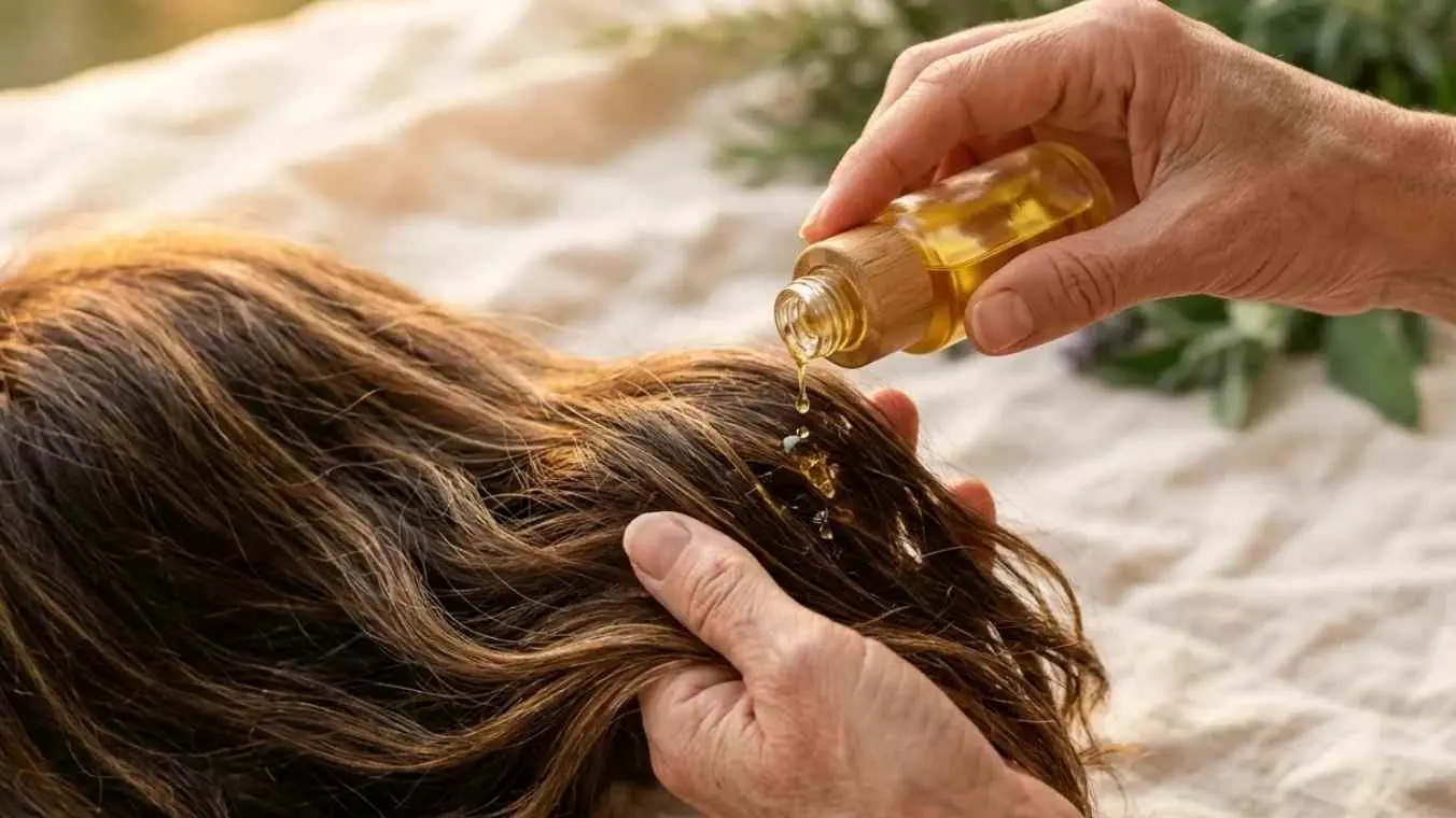 Manos de mujer de 45 años aplicando aceite de argán sobre un mechón de cabello seco y dañado, con luz dorada de atardecer y fondo de lino crudo.