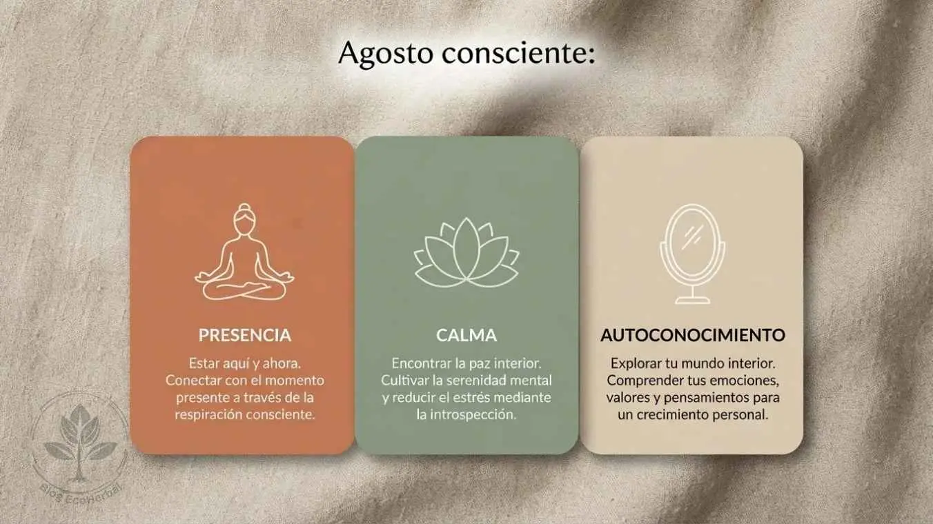 El viaje hacia dentro_ tres pasos para un agosto consciente – EcoHerbal Infografía con tres tarjetas visuales que representan presencia, calma y autoconocimiento para un viaje hacia dentro.