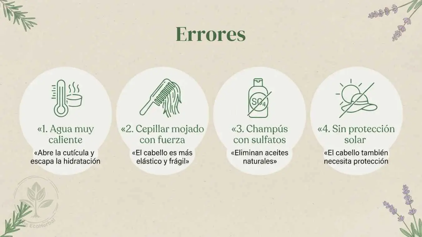 Errores que Empeoran el Cabello Dañado – Guía Visual – EcoHerbal Cuatro errores comunes que empeoran el cabello dañado post-verano: agua caliente, cepillado agresivo, sulfatos y falta de protección solar.