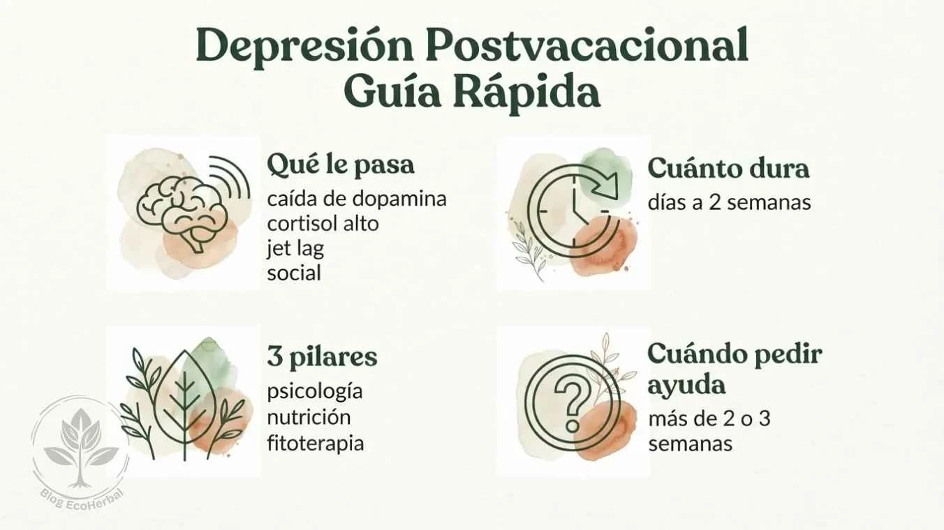 Guía Rápida de la Depresión Postvacacional — EcoHerbal Infografía resumen en grid de cuatro bloques sobre la depresión postvacacional sus causas duración y soluciones naturales