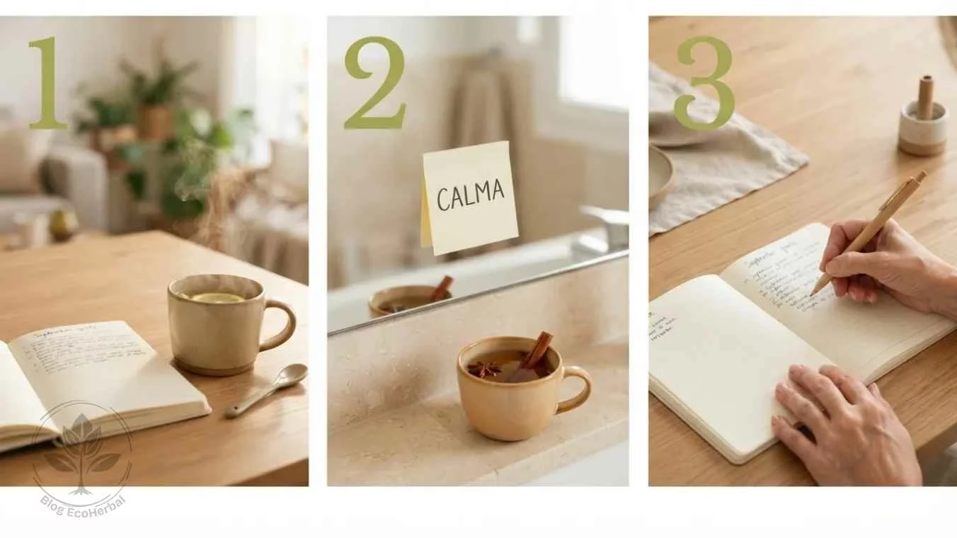 Guía Visual del Ritual de Septiembre en 3 Pasos — EcoHerbal Guía visual paso a paso del ritual de septiembre en 3 paneles numerados con fotografías de cuaderno post-it y escritura manual