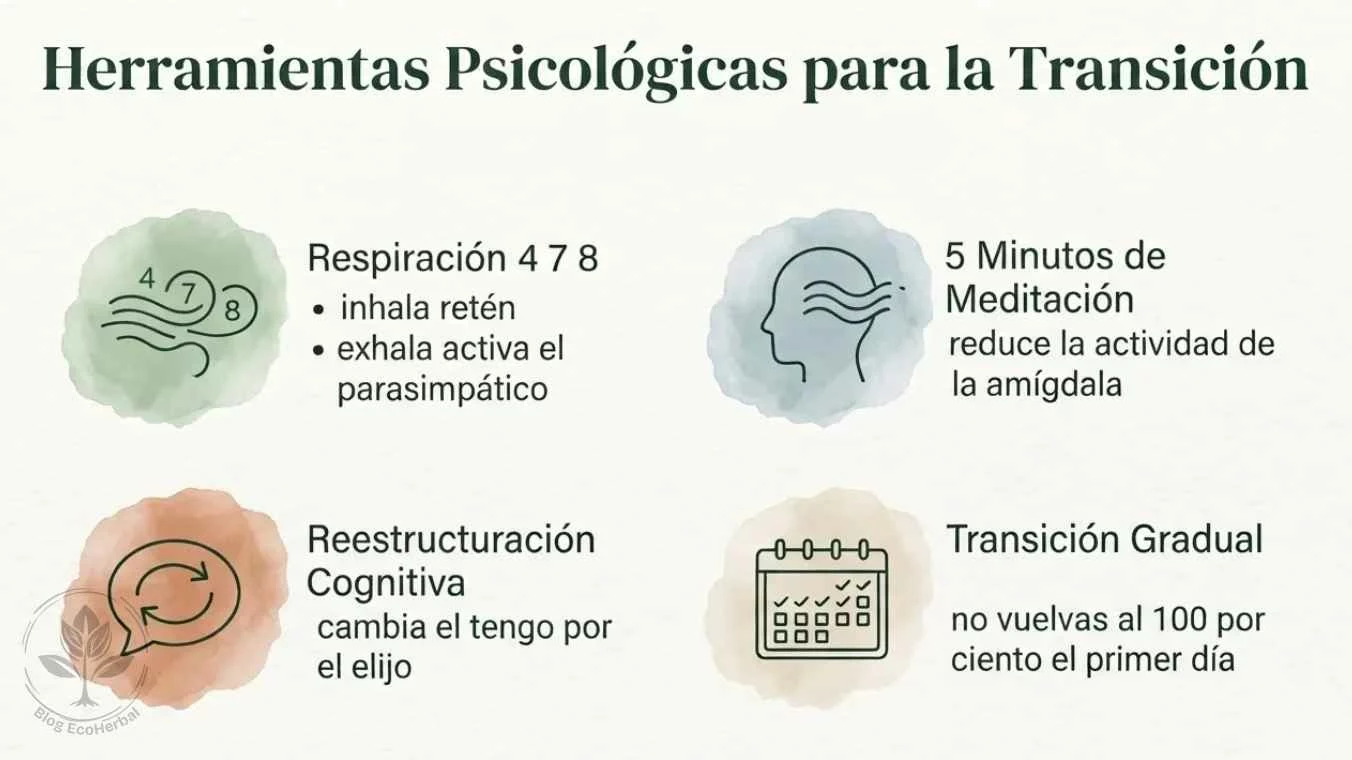 Herramientas Psicológicas para Volver a la Rutina — EcoHerbal Cuatro viñetas en grid con las herramientas psicológicas para la transición postvacacional respiración meditación reestructuración y transición gradual