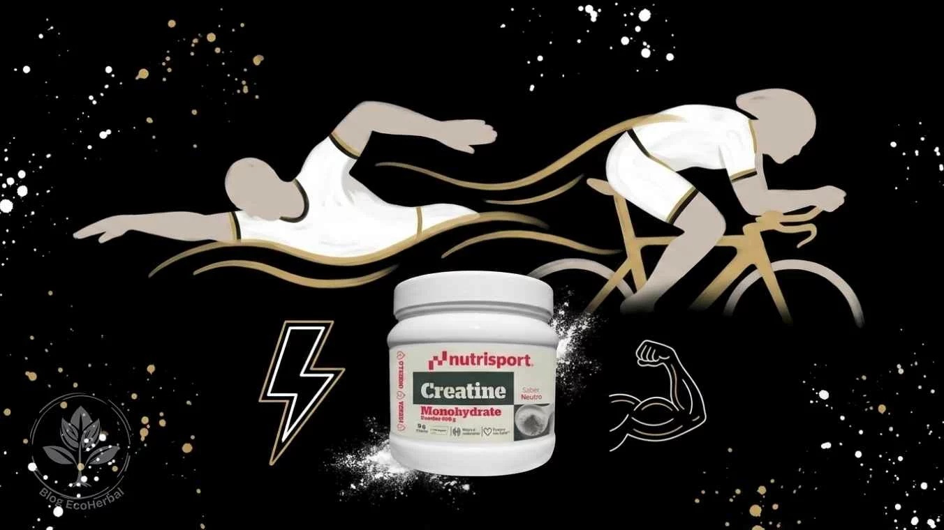 Ilustración gráfica creatina para Deportistas de Resistencia – EcoHerbal Collage ilustrativo de nadador y ciclista con bote de creatina y símbolos de energía