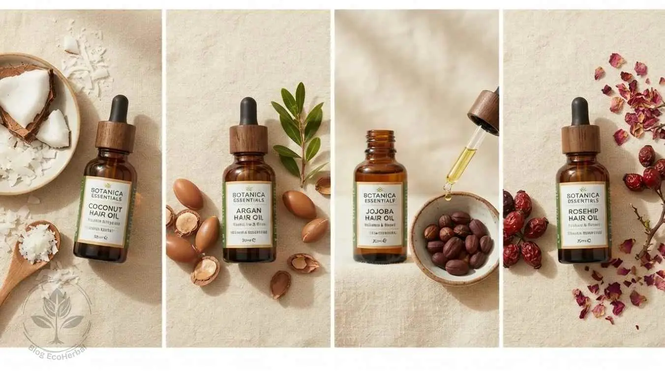 Ingredientes Puros de los Aceites Capilares Naturales – EcoHerbal- Primer plano de cuatro aceites naturales para el cabello con sus ingredientes: coco, argán, jojoba y rosa mosqueta, sobre fondo de lino.