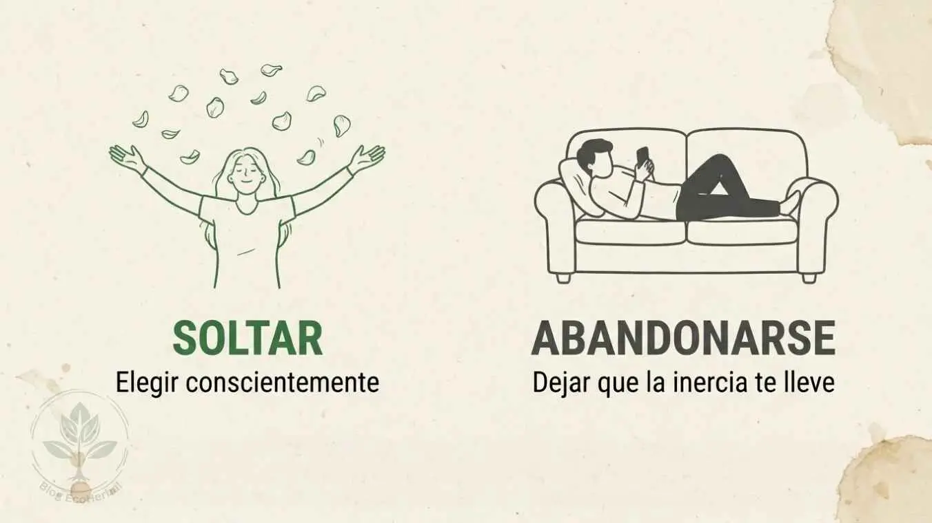 La diferencia entre soltar y abandonarse en el camino del autocuidado – EcoHerbal Infografía horizontal que contrasta el acto consciente de soltar con el abandono pasivo, en un contexto de bienestar emocional.
