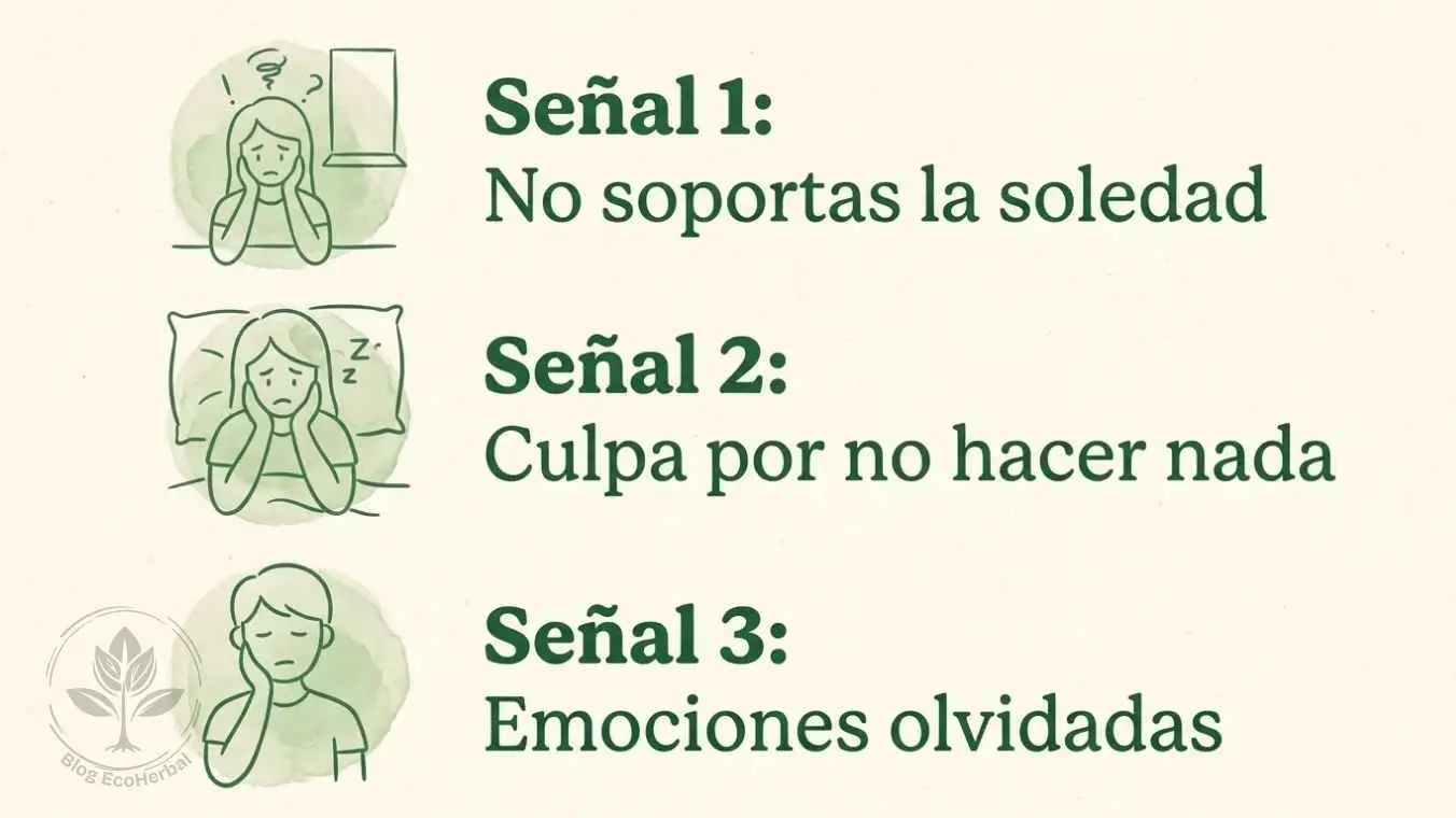 Las 3 señales de que estás evitando el silencio interior – EcoHerbal Infografía vertical con tres señales visuales que representan las señales de estar huyendo del silencio interior.