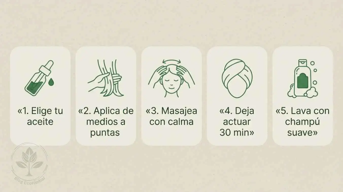 Los 5 Pasos del Ritual Pre-Shampoo – Infografía – EcoHerbal Infografía de 5 pasos del ritual pre-shampoo con aceite natural: elegir, aplicar, masajear, dejar actuar y lavar.