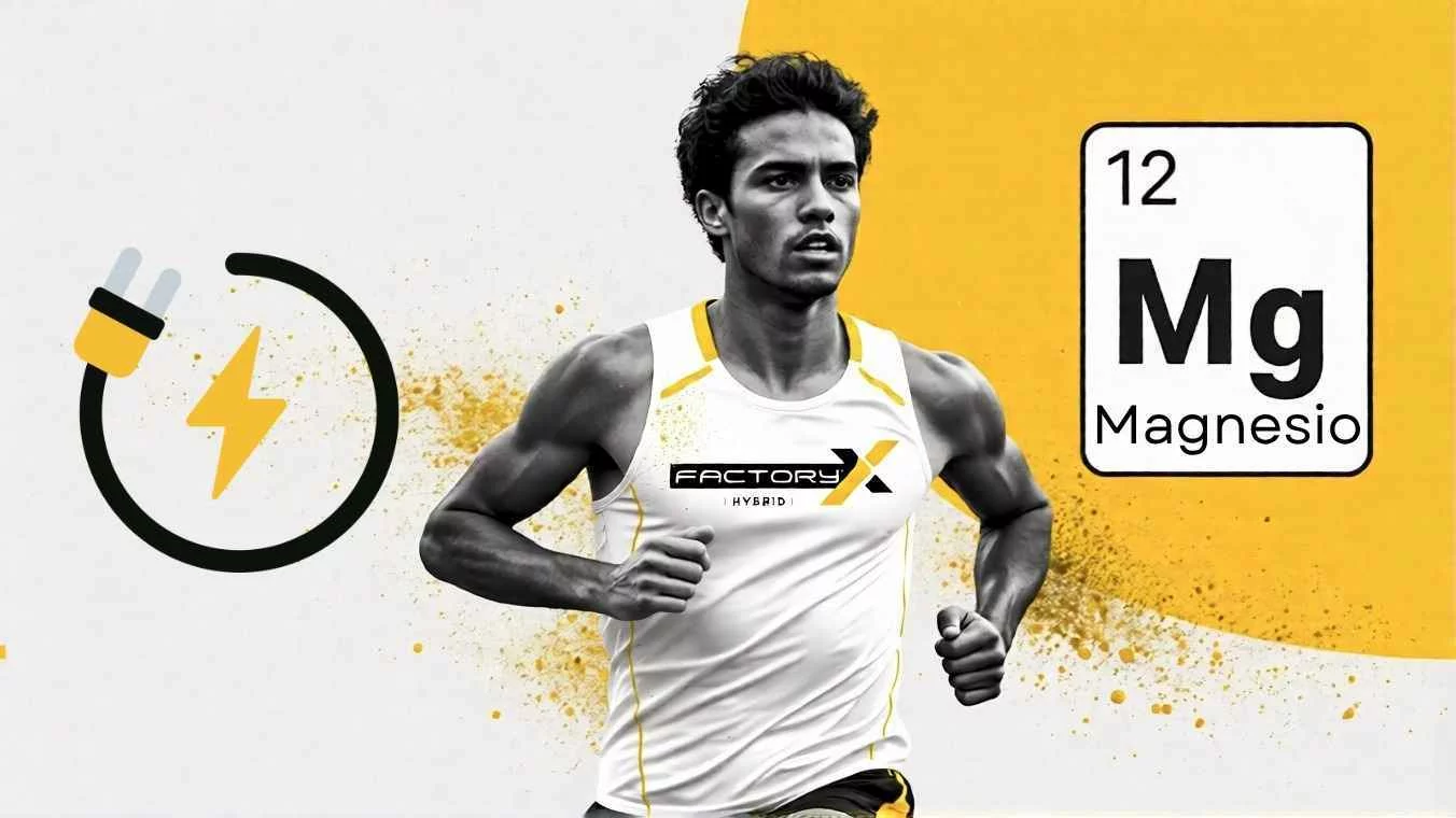 Atleta masculino en movimiento con el símbolo químico del magnesio (Mg) en el fondo.