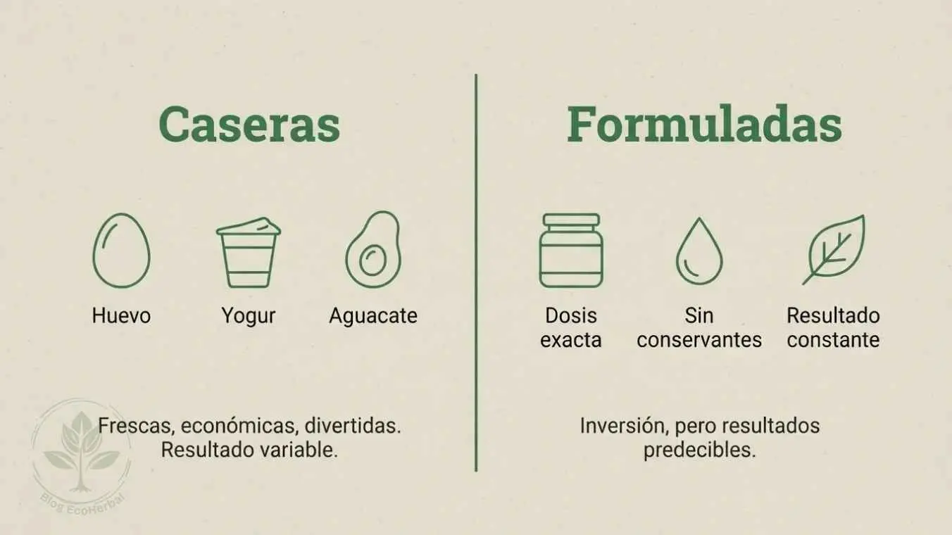 Mascarillas Caseras vs Formuladas – Comparativa Visual – EcoHerbal Tabla comparativa entre mascarillas capilares caseras y formuladas, con iconos de ingredientes naturales.
