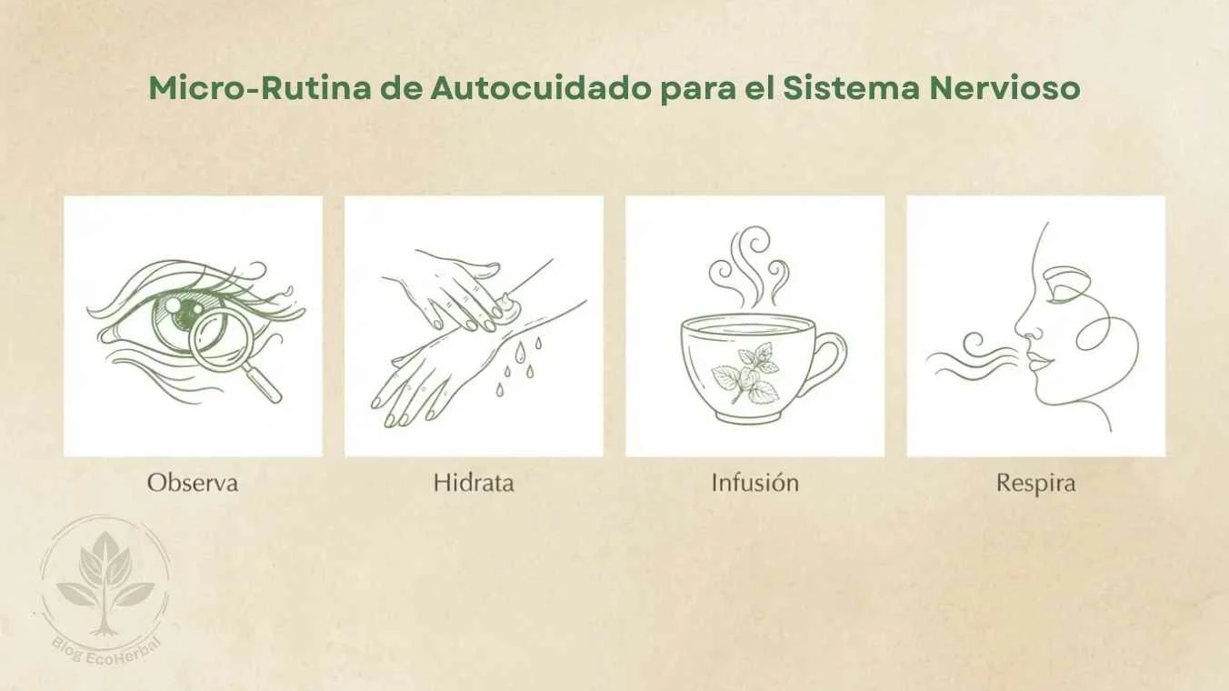 Micro-Rutina de Autocuidado para el Sistema Nervioso – EcoHerbal Collage de cuatro paneles que muestra la micro-rutina de autocuidado de 10 minutos: observar la piel, hidratar con masaje, tomar una infusión y respirar profundamente.