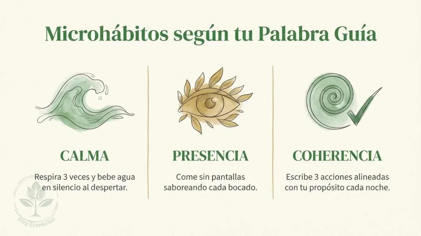Microhábitos según tu Palabra Guía Acuarela — EcoHerbal Ilustración acuarela de 3 columnas sobre ejemplos de microhábitos según la palabra guía personal para cambio de hábitos sostenible