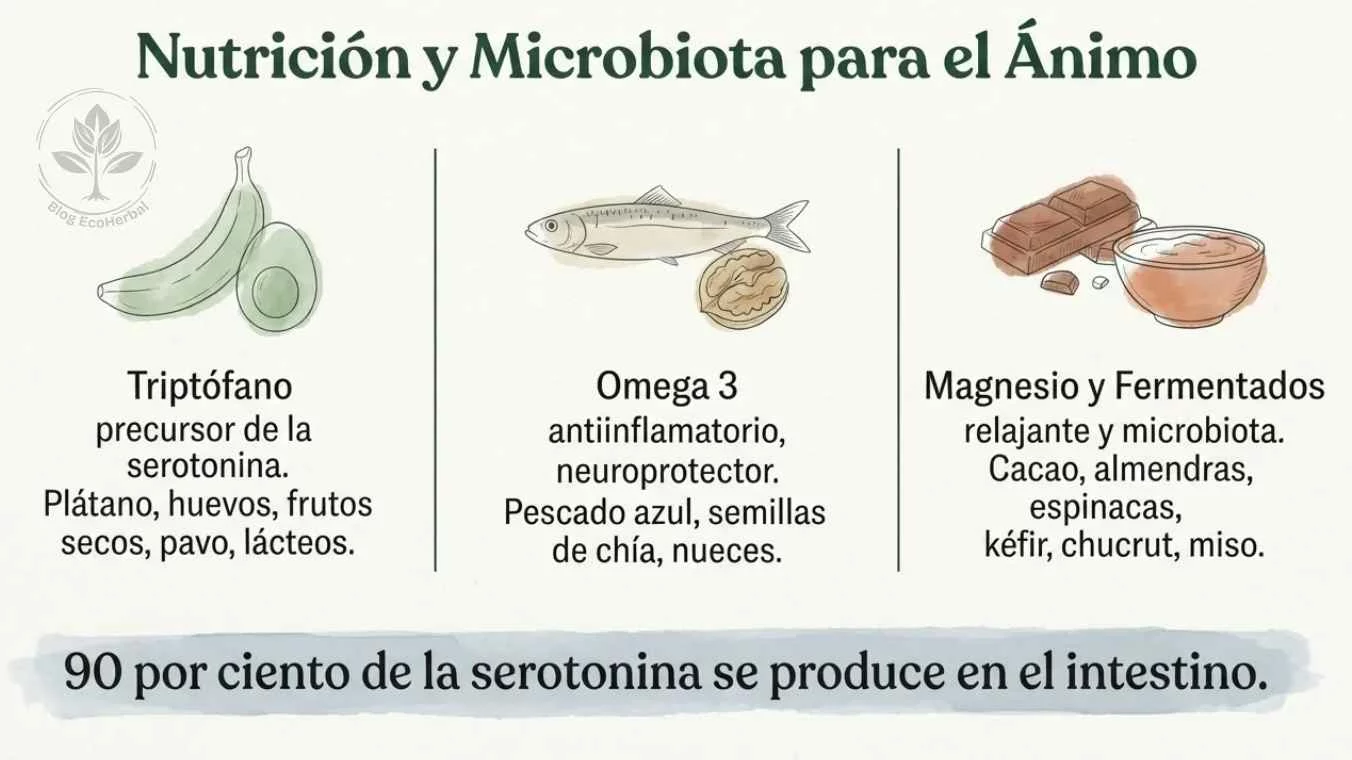 Nutrición y Microbiota para el Ánimo — EcoHerbal Infografía de tres columnas con alimentos para el estado de ánimo triptófano omega 3 y magnesio con fermentados y dato del 90 por ciento de serotonina intestinal