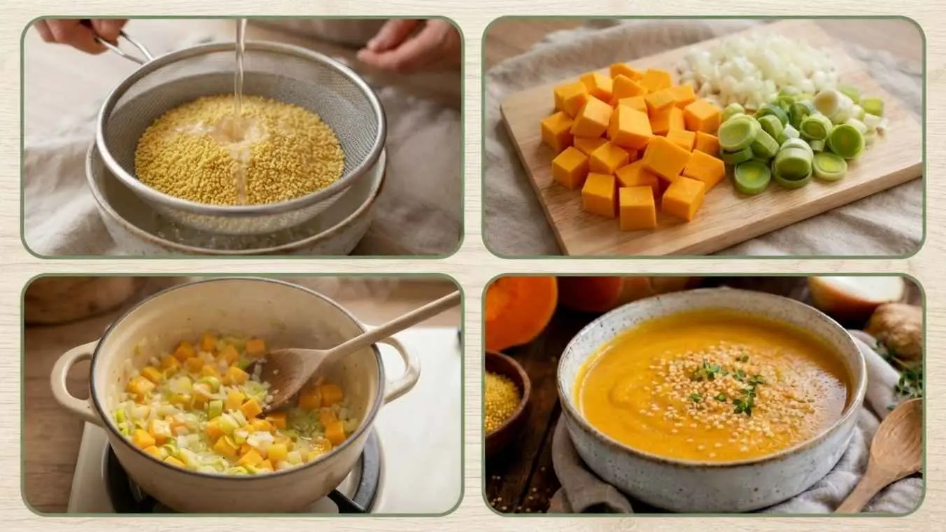 Pasos para hacer Crema de Calabaza y Mijo – EcoHerbal Collage con los pasos para preparar la crema de calabaza y mijo.