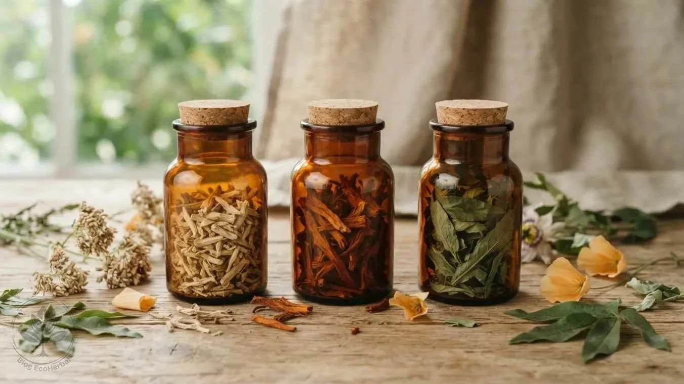 Plantas y Adaptógenos para el Sistema Nervioso — EcoHerbal Collage fotográfico de tres paneles con los pilares psicológico nutricional y fitoterápico para superar la depresión postvacacional