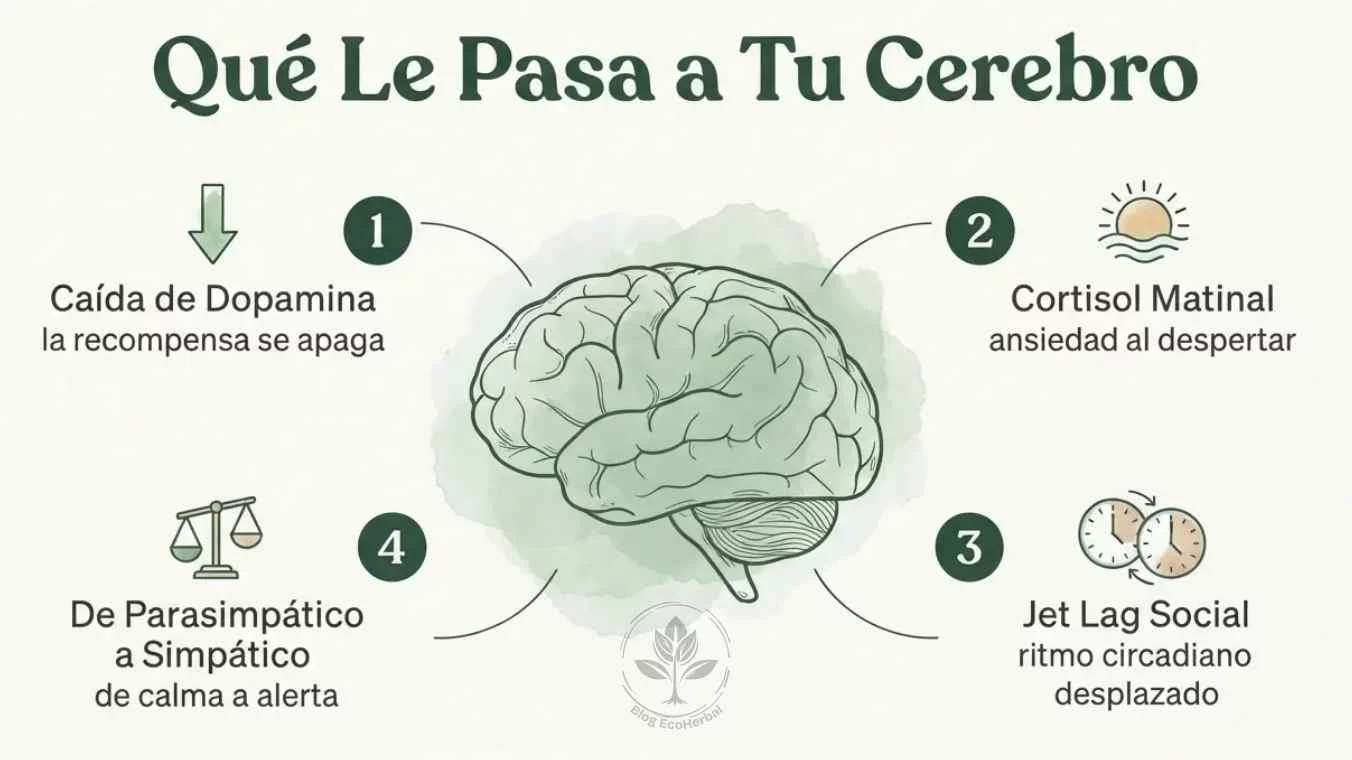Qué Le Pasa a Tu Cerebro Postvacacional — EcoHerbal Infografía con ilustración central de cerebro y cuatro mecanismos neurobiológicos de la depresión postvacacional dopamina cortisol jet lag y sistema nervioso