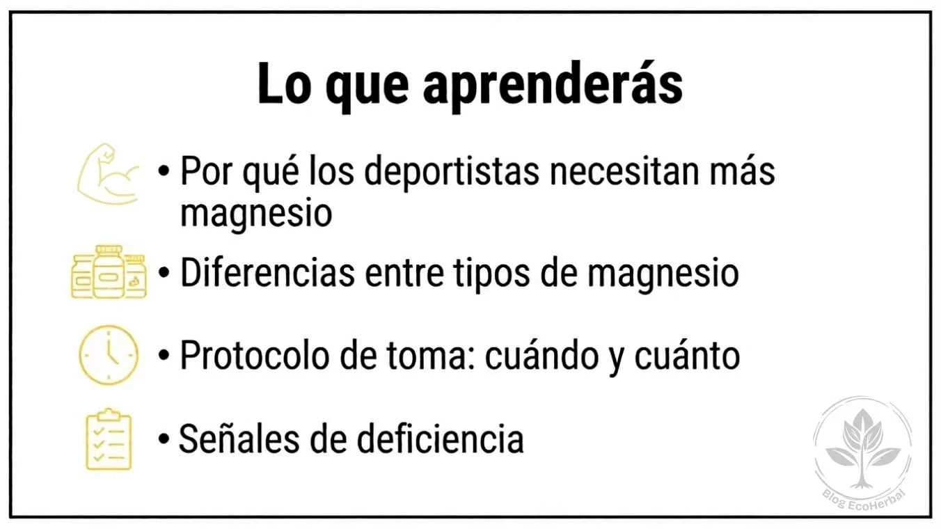 Recuadro resumen con los cuatro puntos clave del artículo sobre magnesio para deportistas Recuadro resumen con los cuatro puntos clave del artículo sobre magnesio para deportistas.