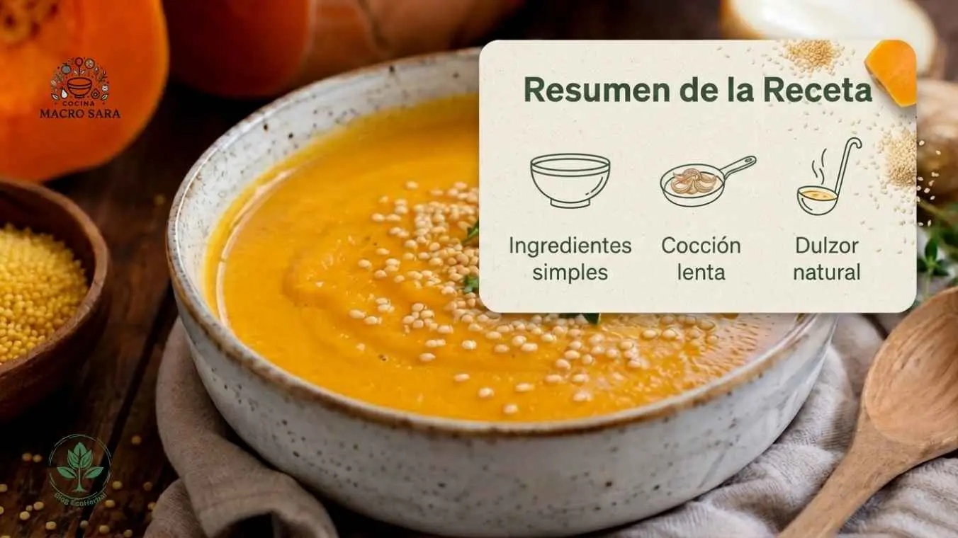 Resumen Receta Macrobiótica Calabaza y Mijo – EcoHerbal Tarjeta de resumen con ingredientes y técnica de la receta de crema de calabaza y mijo.