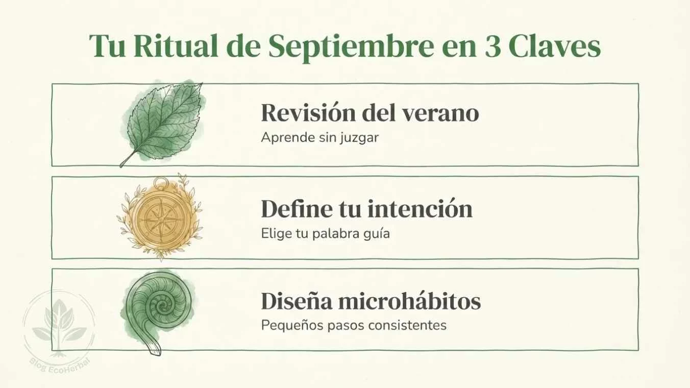 Resumen Ritual de Septiembre en 3 Claves Acuarela — EcoHerbal Ilustración acuarela del ritual de septiembre en 3 claves con hoja brújula y espiral botánicas para reconectar con el propósito personal
