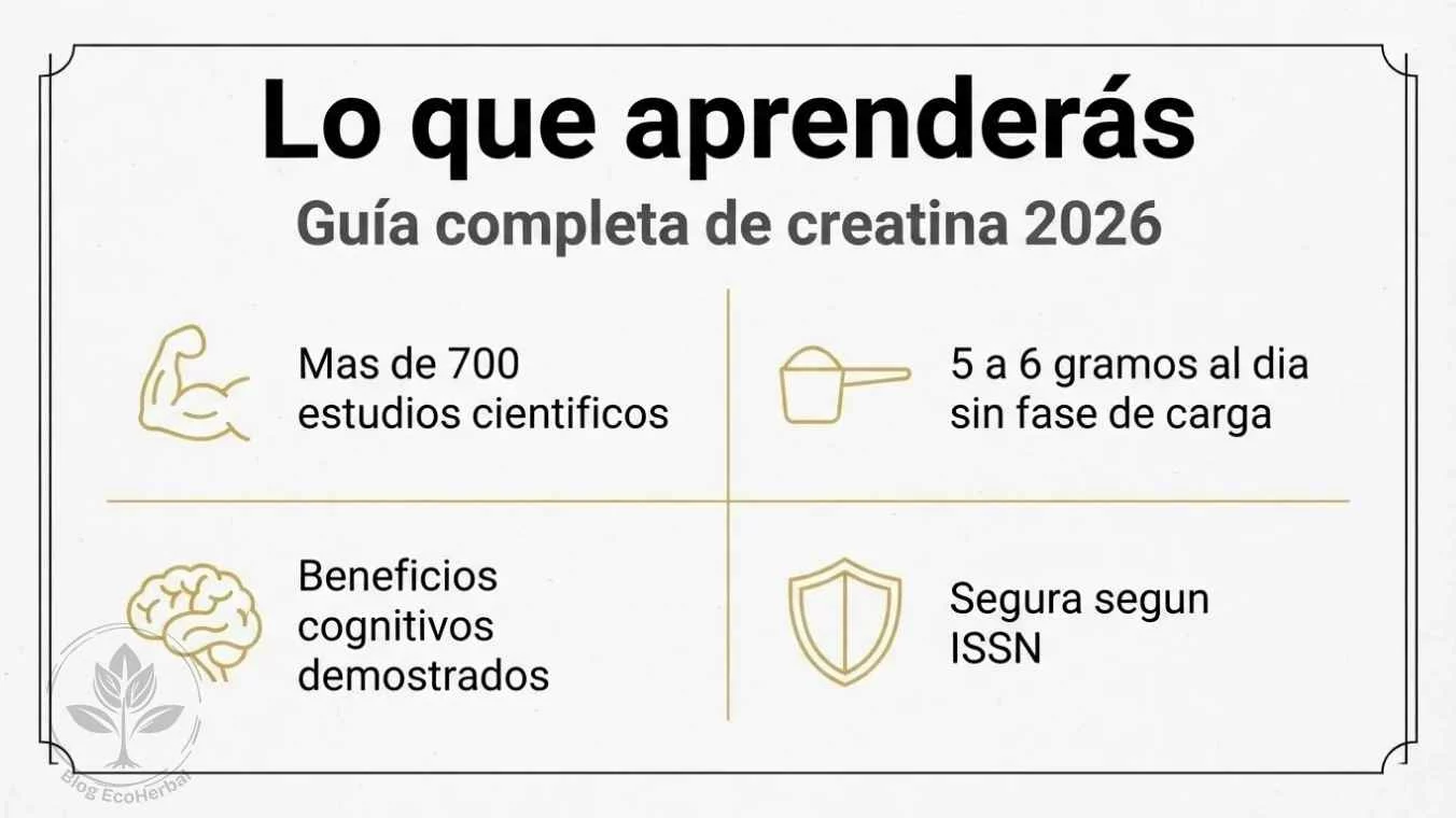 Resumen Visual de Creatina 2026 – EcoHerbal Infografía resumen con datos clave de creatina estudios dosis beneficios y pureza
