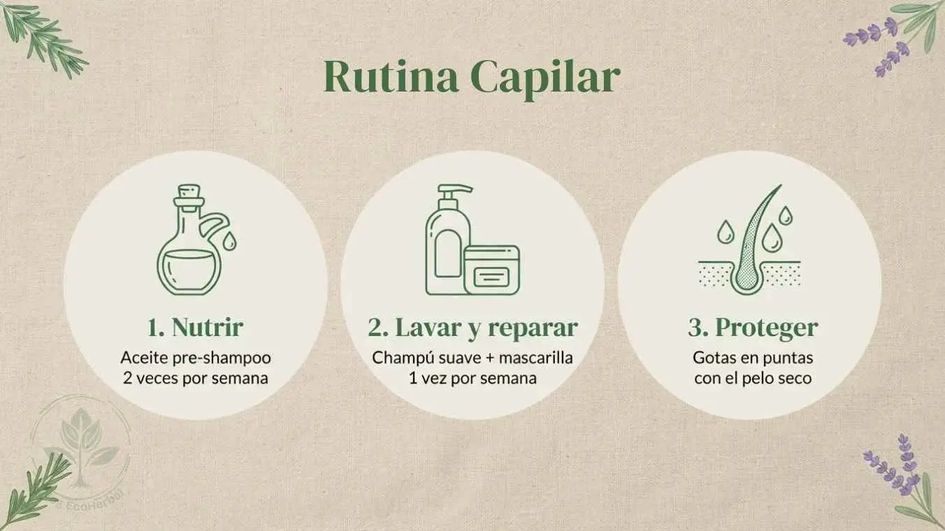 Rutina Capilar en 3 Pasos – Nutrir, Lavar, Proteger – EcoHerbal- Tres pasos para la rutina capilar post-verano: nutrir, lavar y proteger, con iconos de línea fina y fondo de lino.