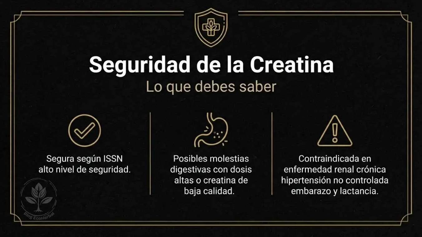 Seguridad y Contraindicaciones de la Creatina – EcoHerbal Resumen visual sobre seguridad efectos secundarios y contraindicaciones de creatina