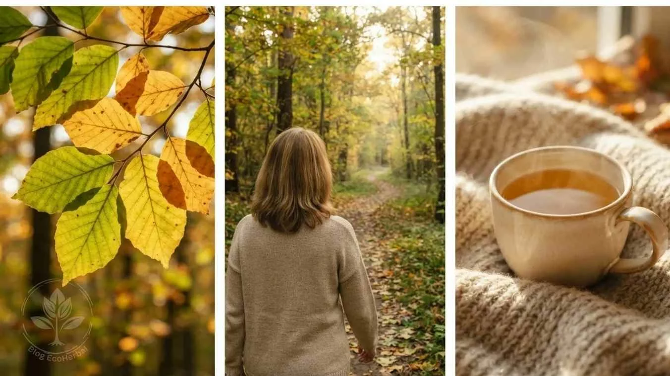 Septiembre como Puente Estacional para Reconectar — EcoHerbal Collage fotográfico de 3 paneles sobre la transición estacional de septiembre como puente entre verano y otoño con hojas mujer caminando e infusión