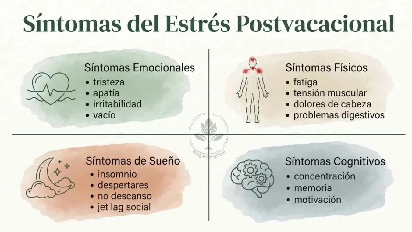 Síntomas del Estrés Postvacacional por Áreas — EcoHerbal Infografía en grid 2x2 con los cuatro tipos de síntomas del estrés postvacacional emocionales físicos de sueño y cognitivos