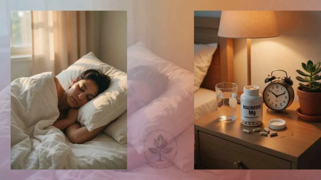 Sueño Reparador y Magnesio – EcoHerbal Collage que muestra a un atleta durmiendo y los elementos de su rutina nocturna con magnesio.