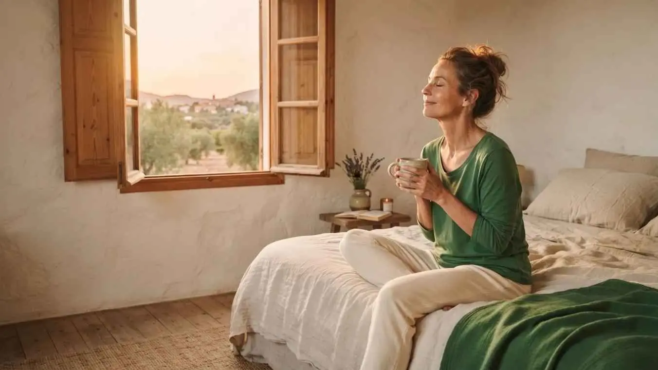 Mujer de mediana edad sentada en una cama de lino con una taza de infusión, bañada por la luz dorada del atardecer de agosto, en un momento de silencio consciente y escucha interior.
