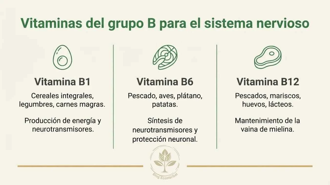 Vitaminas del Grupo B y Salud Nerviosa – EcoHerbal Infografía que muestra las fuentes alimentarias y funciones de las vitaminas B1, B6 y B12 para el sistema nervioso.