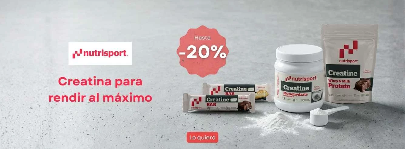 Productos Nutrisport creatina monohidratada proteína whey milk y barritas energéticas sobre fondo hormigón pulido gris con espacio negativo para texto promocional