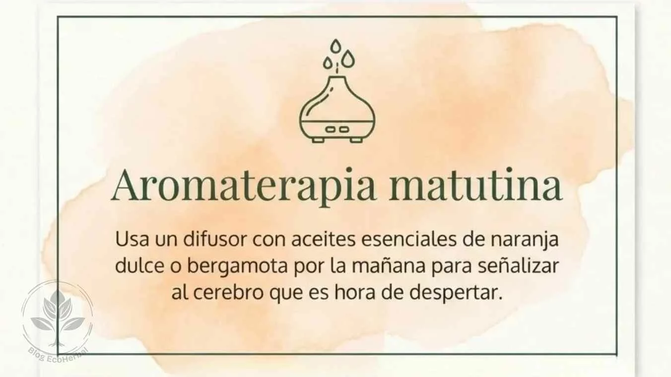 Aromaterapia matutina para el ánimo — EcoHerbal Tarjeta visual con consejo de aromaterapia matutina usando difusor con aceites esenciales de naranja dulce o bergamota