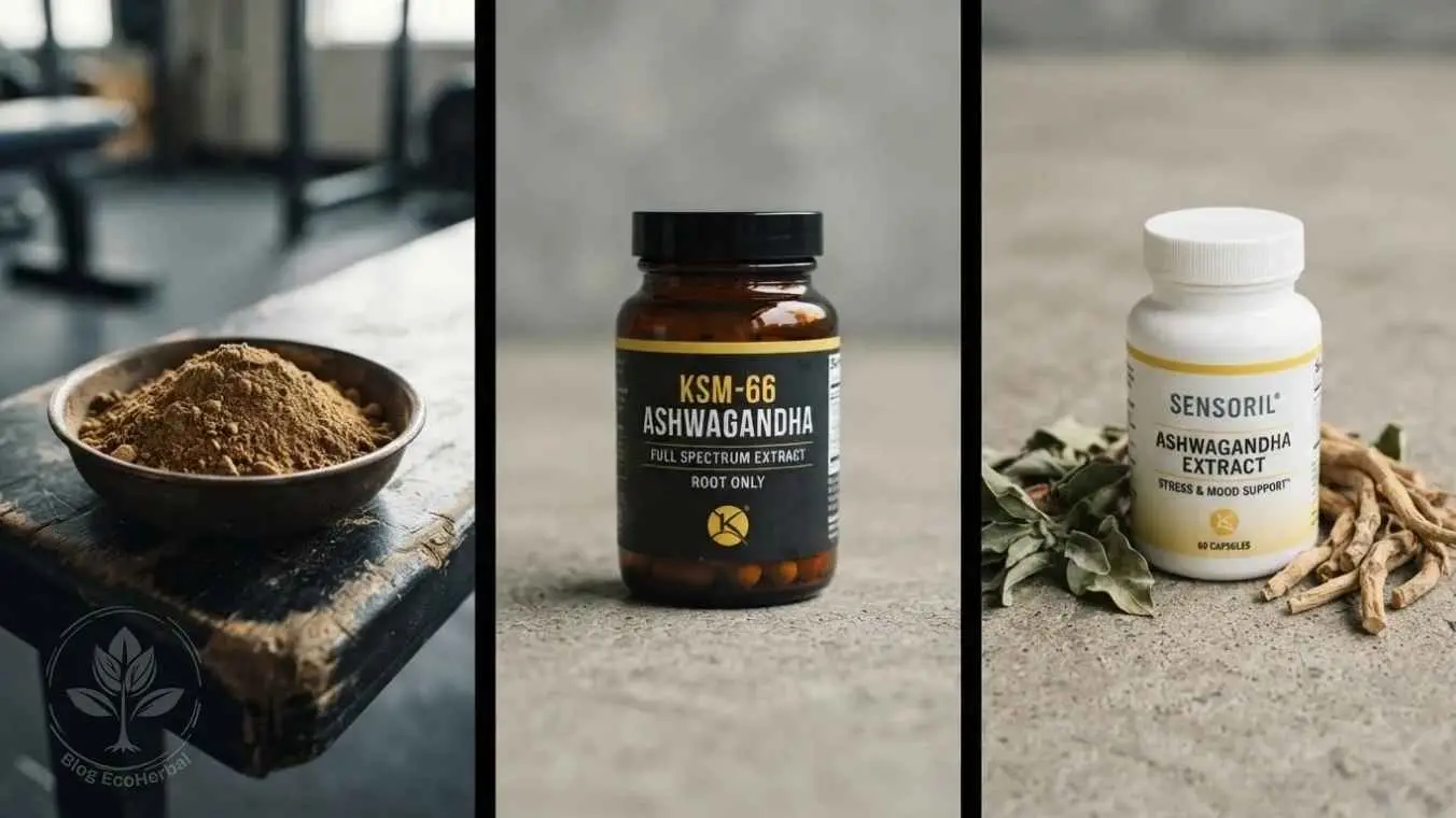 Ashwagandha Genérica vs KSM-66 vs Sensoril — EcoHerbal Collage de tres paneles comparando polvo genérico de ashwagandha, extracto KSM-66 y Sensoril