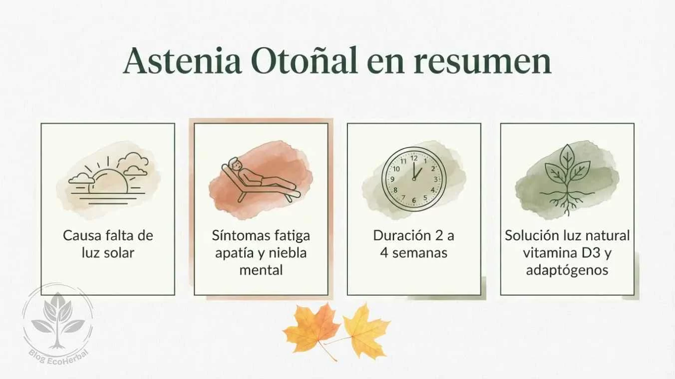 Astenia otoñal en resumen visual — EcoHerbal Grid de cuatro tarjetas con las claves principales de la astenia otoñal causa síntomas duración y soluciones