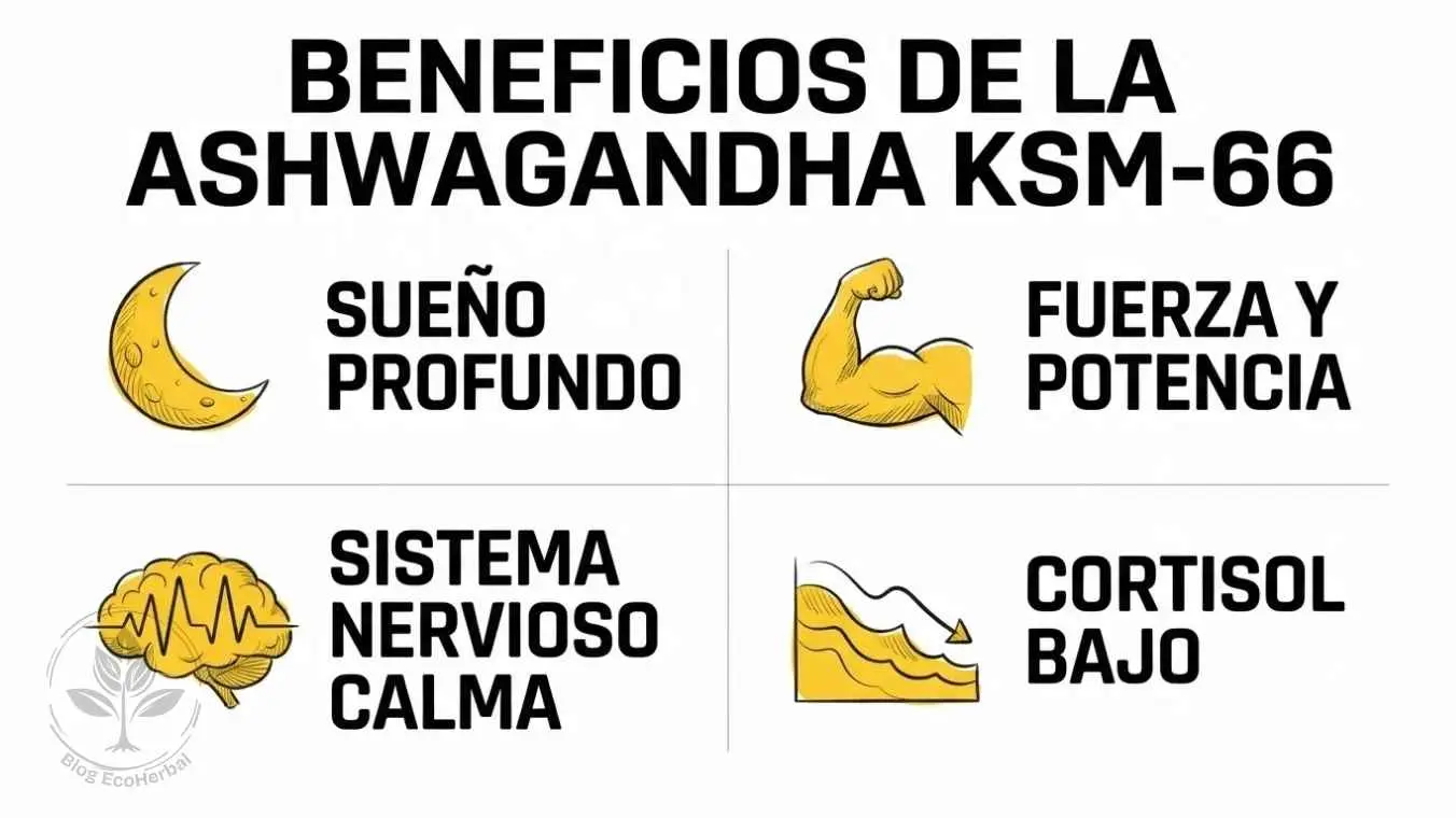 Beneficios de la Ashwagandha KSM-66 para Deportistas — EcoHerbal Infografía en cuadrícula con los cuatro beneficios clave de la ashwagandha KSM-66 para deportistas