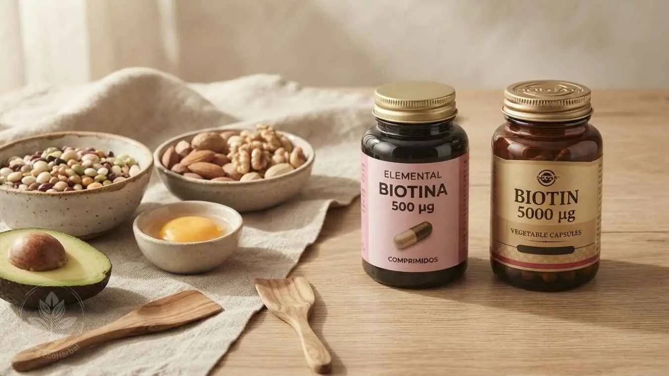 Biotina para el Cabello Suplementación y Fuentes Naturales — EcoHerbal Suplementos de biotina genéricos junto a fuentes alimentarias naturales como huevo aguacate y frutos secos para el cabello