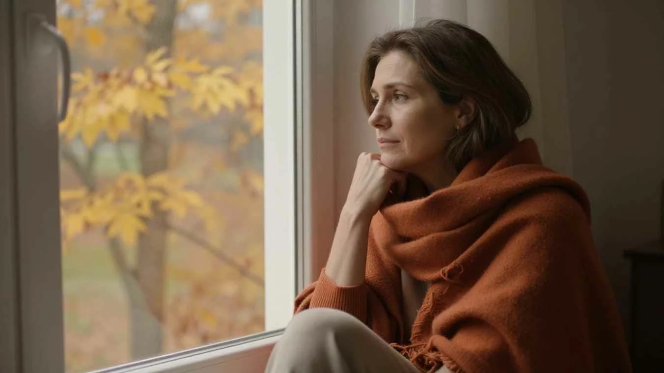 Calma y reconexión en la astenia otoñal — EcoHerbal Mujer de 45 a 55 años sentada junto a una ventana en una tarde de octubre mirando al exterior con expresión serena y luz dorada otoñal