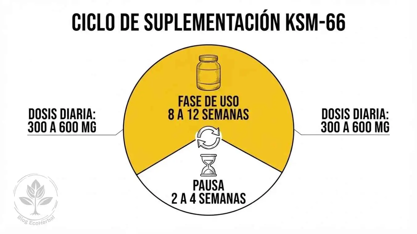 Ciclo Circular de Suplementación KSM-66 — EcoHerbal Diagrama circular del ciclo de suplementación de ashwagandha KSM-66 con fases de uso y descanso