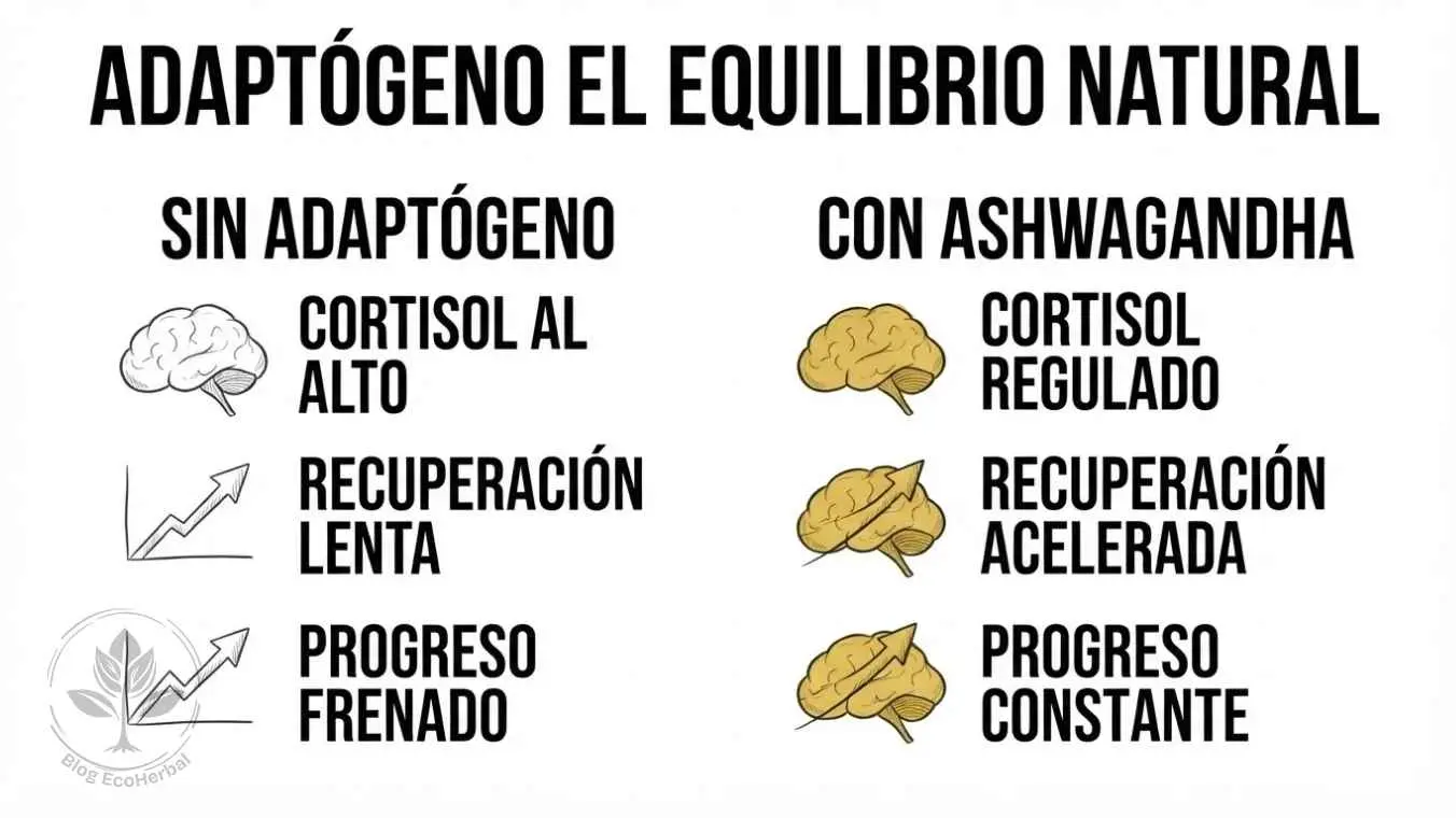 Comparativa Adaptógeno Estrés vs Equilibrio — EcoHerbal Infografía comparativa entre el estrés sin adaptógeno y el equilibrio con ashwagandha en deportistas