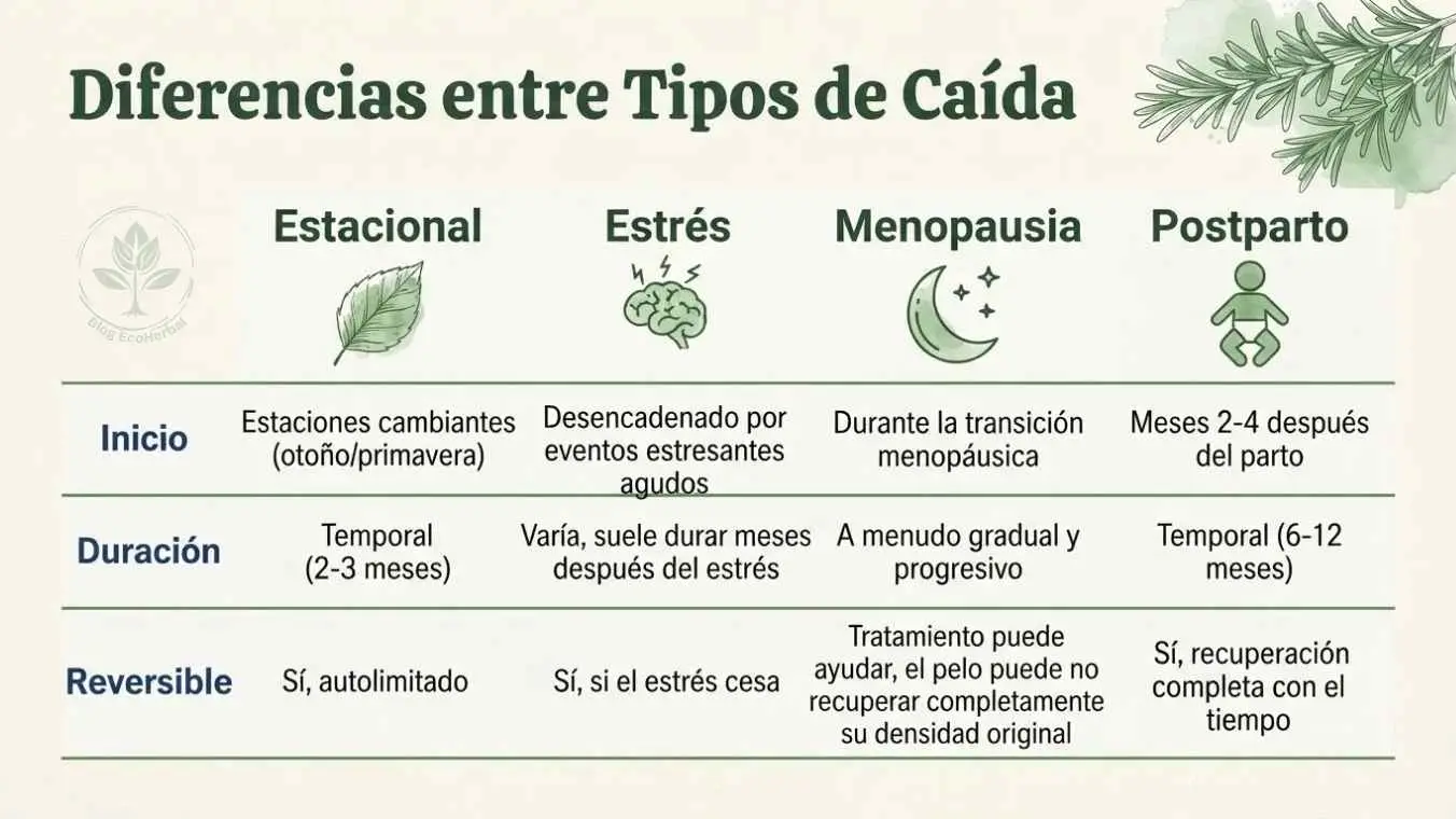 Diferencias entre Tipos de Caída del Cabello — EcoHerbal Tabla comparativa entre caída estacional caída por estrés menopausia y postparto según inicio duración y reversibilidad optimizado para lectura en móvil