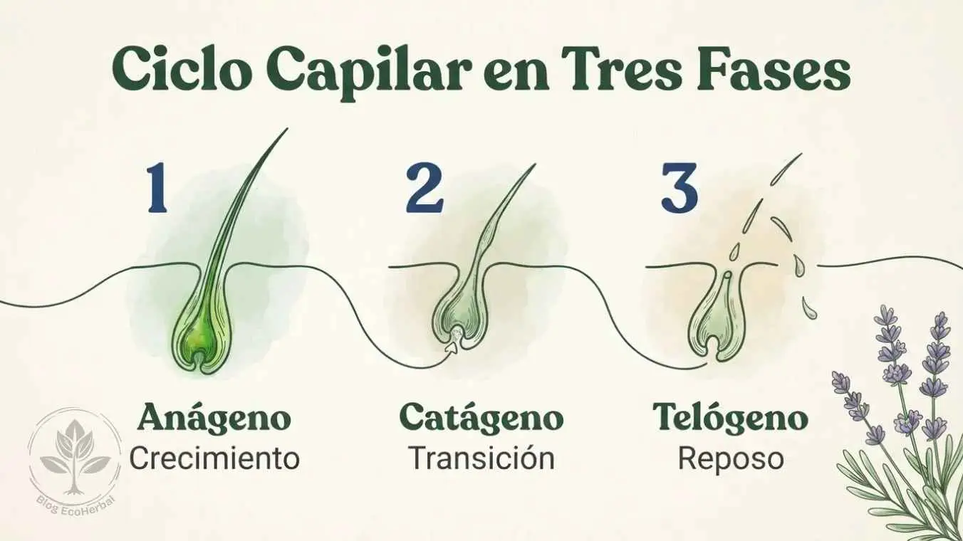 El Ciclo Capilar Paso a Paso — EcoHerbal Ilustración de tres folículos pilosos en secuencia mostrando las fases anágeno catágeno y telógeno del ciclo capilar optimizado para lectura en móvil