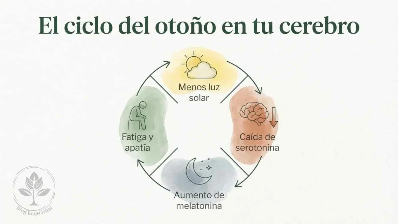 El ciclo del otoño en tu cerebro — EcoHerbal Diagrama circular del ciclo otoño-cerebro mostrando la relación entre luz solar serotonina melatonina y fatiga