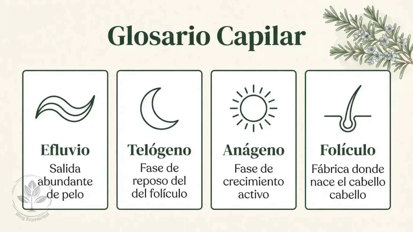 Glosario Visual del Ciclo Capilar — EcoHerbal Infografía glosario con los cuatro términos clave del ciclo capilar efluvio telógeno anágeno y folículo optimizado para lectura en móvil
