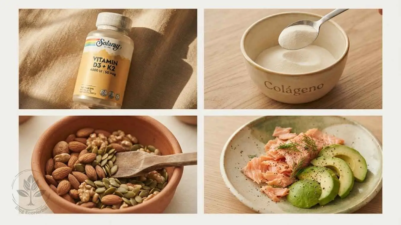 Nutrientes Clave para Fortalecer el Cabello en Otoño — EcoHerbal Collage en cuadrícula con los nutrientes esenciales para la caída estacional del cabello vitamina D colágeno y omega tres