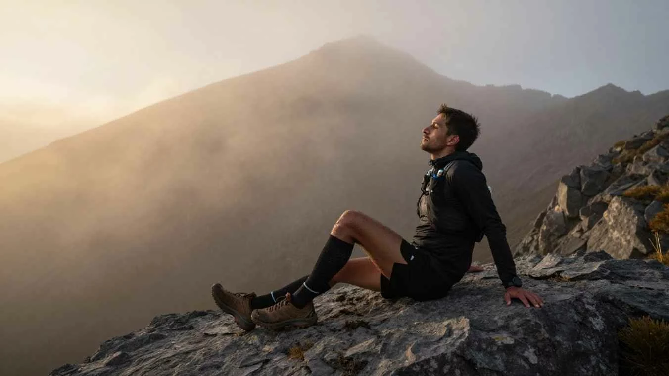 Recuperación Mística en Trail Running con Ashwagandha — EcoHerbal Atleta de trail running meditando en la cima de una montaña al amanecer mostrando paz y recuperación profunda