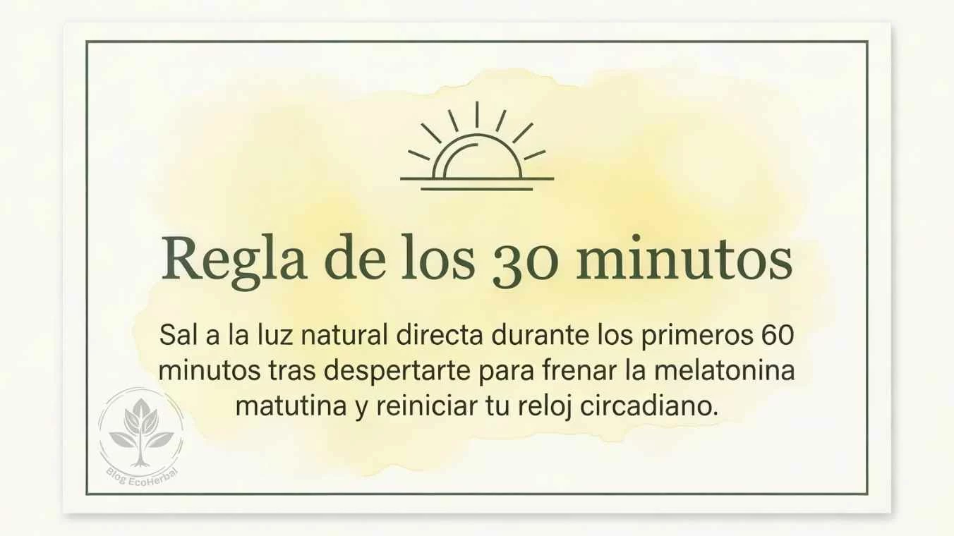 Regla de los 30 minutos de luz — EcoHerbal Tarjeta visual con el consejo de la regla de los 30 minutos de luz natural matutina para la astenia otoñal